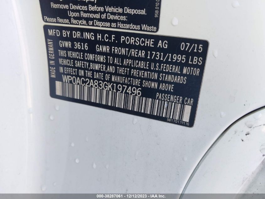 2016 PORSCHE CAYMAN GT4 WP0AC2A83GK197496