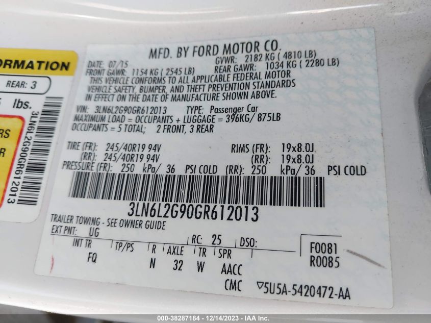 2016 LINCOLN MKZ - 3LN6L2G90GR612013