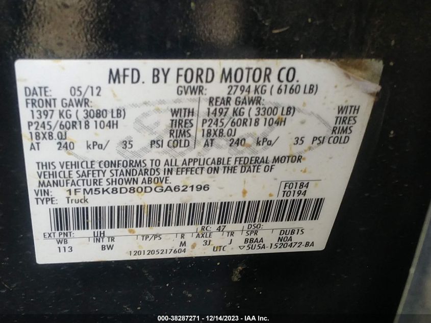 2013 FORD EXPLORER XLT - 1FM5K8D80DGA62196