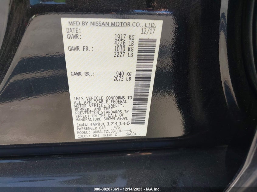 VIN 1N4AL3AP9JC174146 2018 NISSAN ALTIMA 2.5 SL