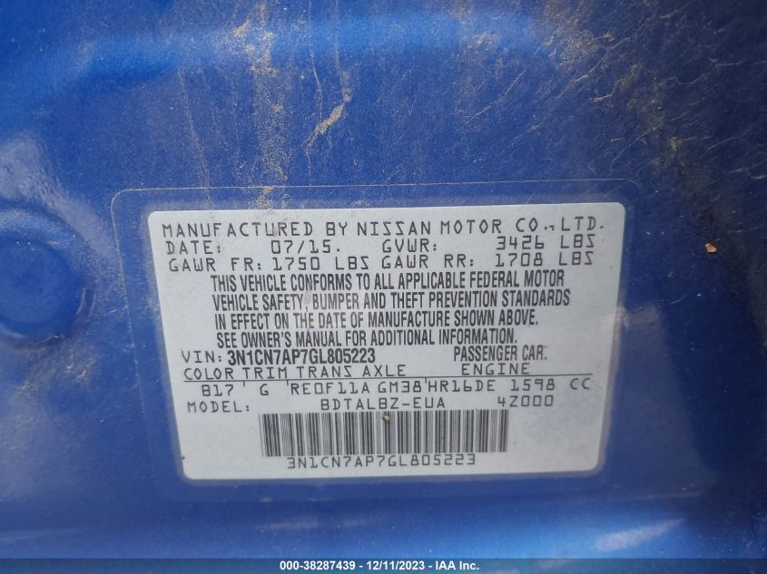 2016 NISSAN VERSA S/S PLUS/SV/SL - 3N1CN7AP7GL805223