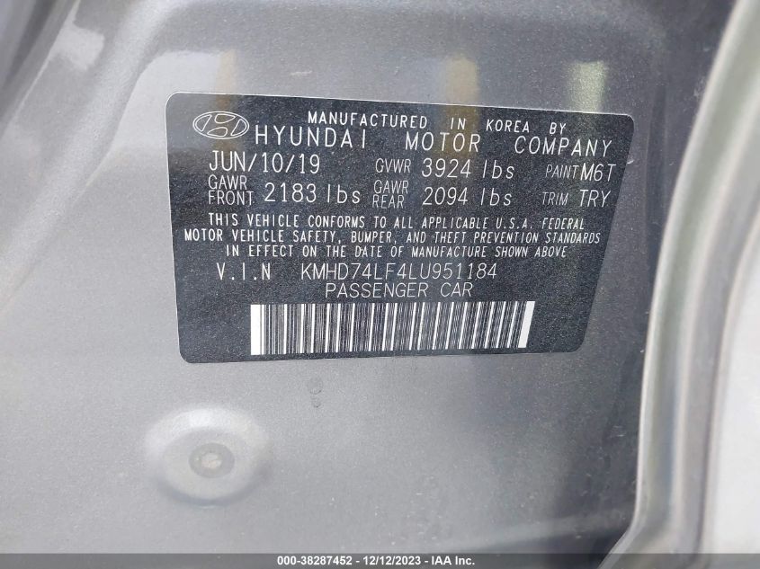 2020 HYUNDAI ELANTRA SE - KMHD74LF4LU951184