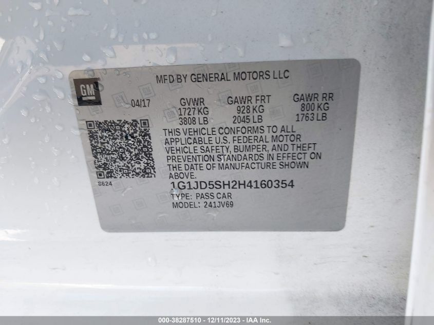 2017 CHEVROLET SONIC LT AUTO - 1G1JD5SH2H4160354