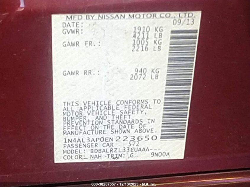 2014 NISSAN ALTIMA 2.5 S - 1N4AL3AP0EN223650