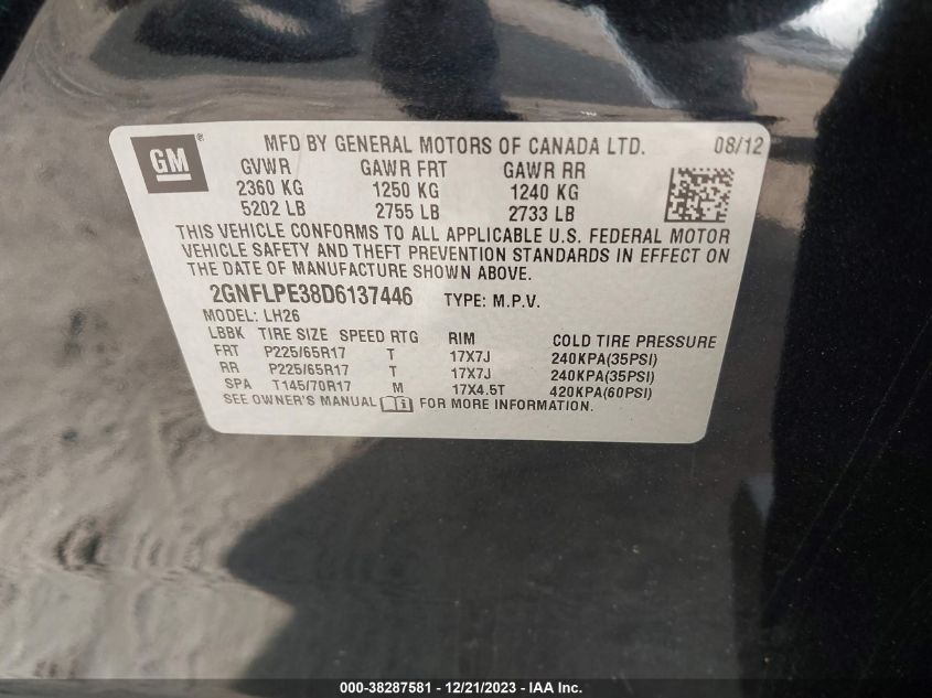 2013 CHEVROLET EQUINOX LT - 2GNFLPE38D6137446
