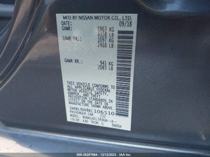 2019 NISSAN ALTIMA SV - 1N4BL4DV8KC106510