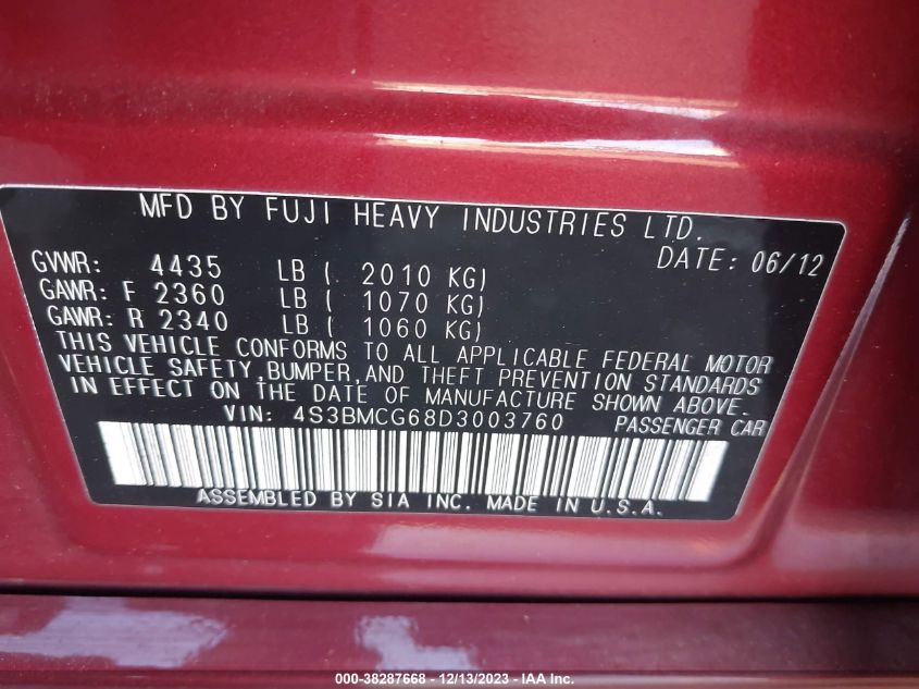 2013 SUBARU LEGACY 2.5I PREMIUM - 4S3BMCG68D3003760