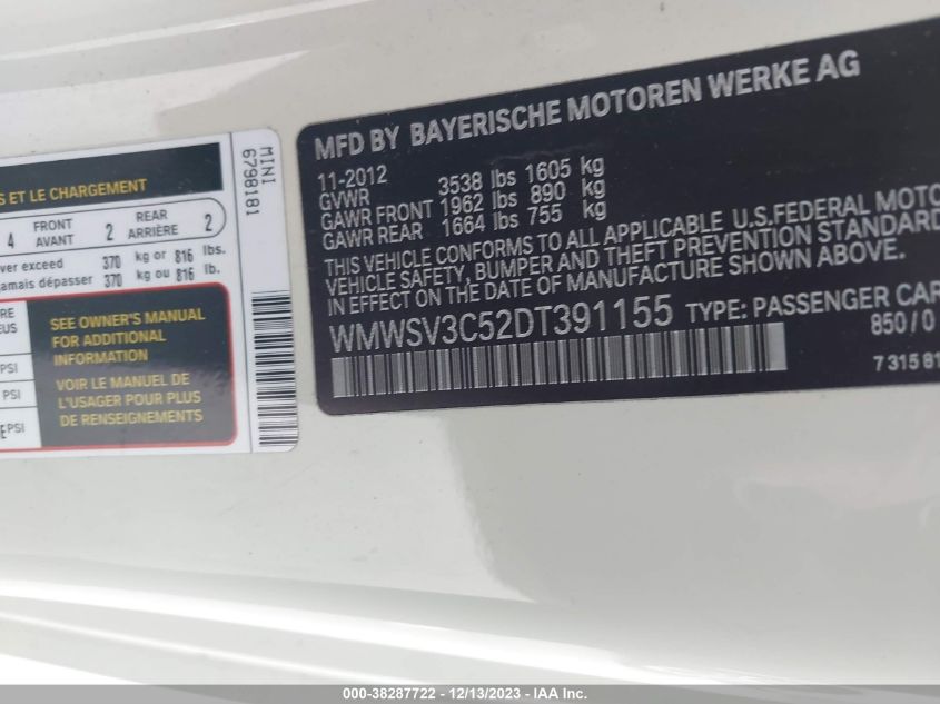 2013 MINI HARDTOP COOPER S - WMWSV3C52DT391155