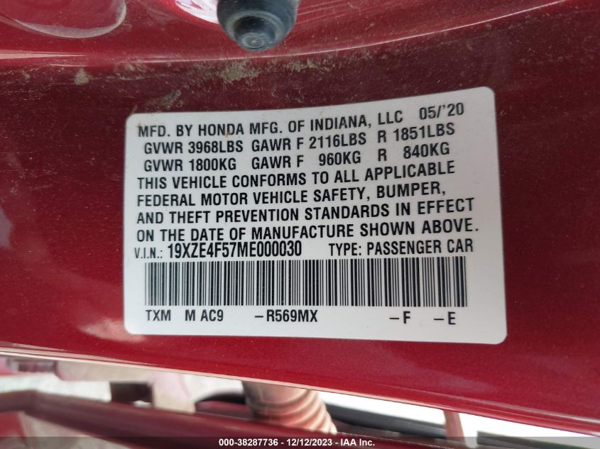 2021 HONDA INSIGHT EX - 19XZE4F57ME000030