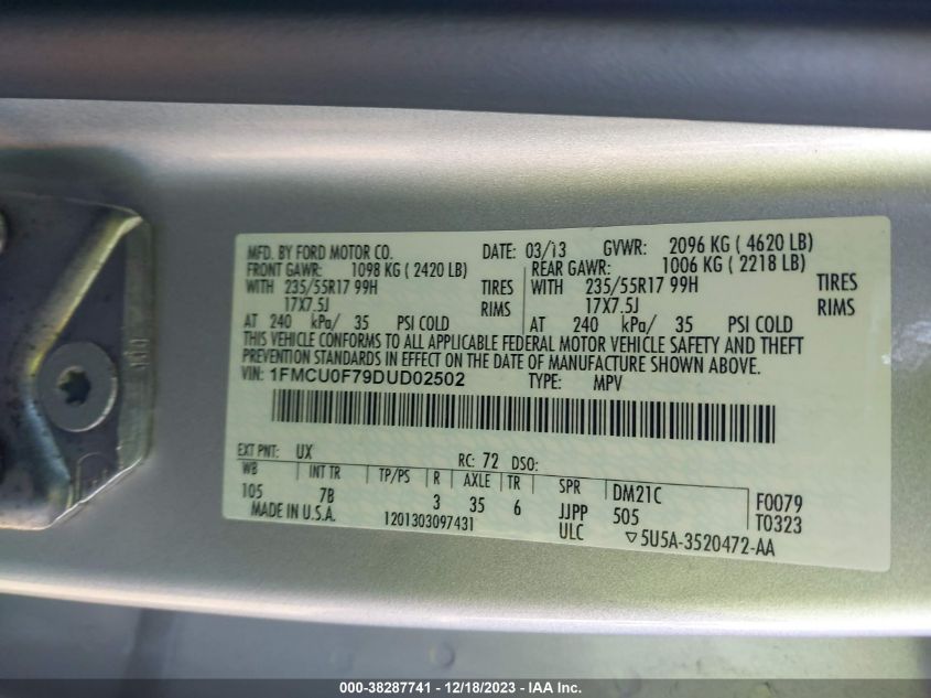 2013 FORD ESCAPE S - 1FMCU0F79DUD02502