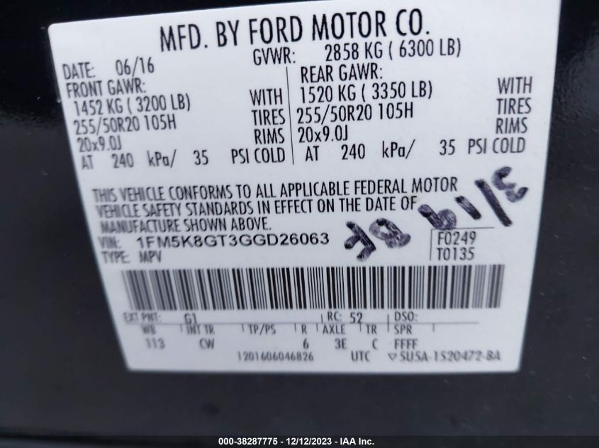 2016 FORD EXPLORER SPORT - 1FM5K8GT3GGD26063