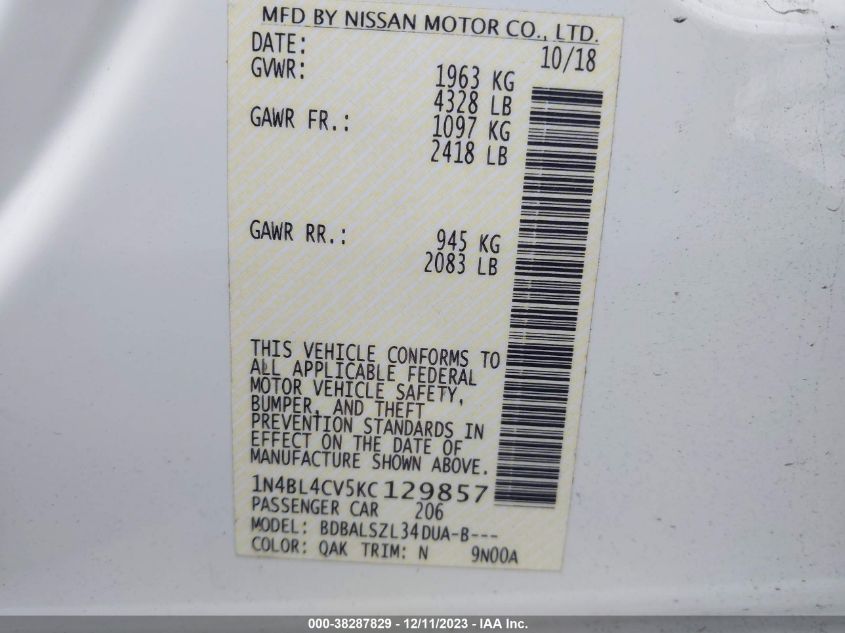 2019 NISSAN ALTIMA 2.5 SR - 1N4BL4CV5KC129857