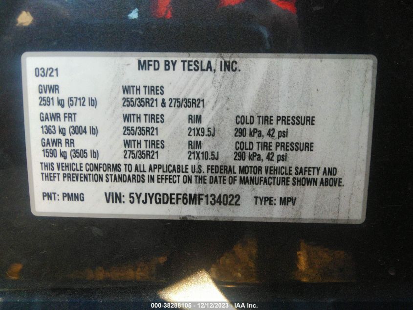 2021 TESLA MODEL Y - 5YJYGDEF6MF134022