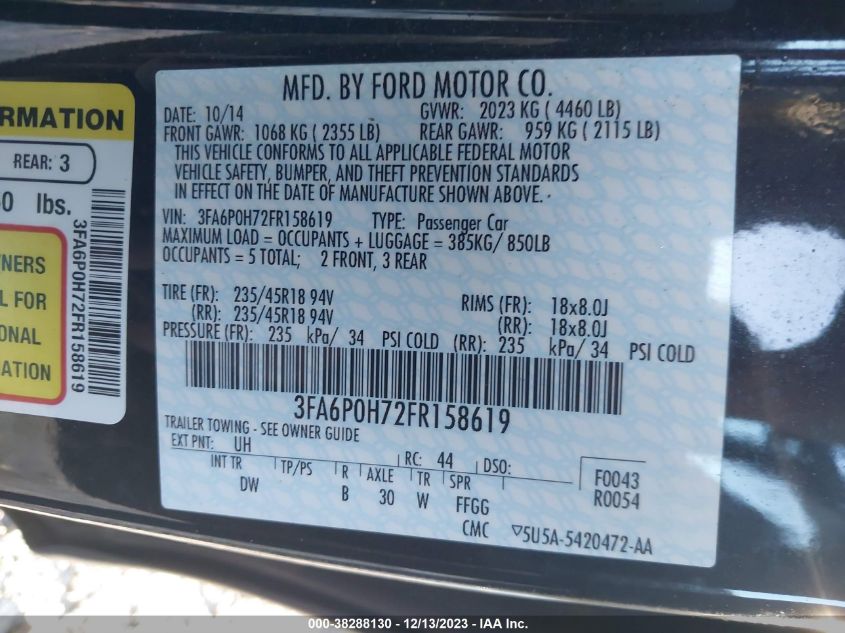 2015 FORD FUSION SE - 3FA6P0H72FR158619