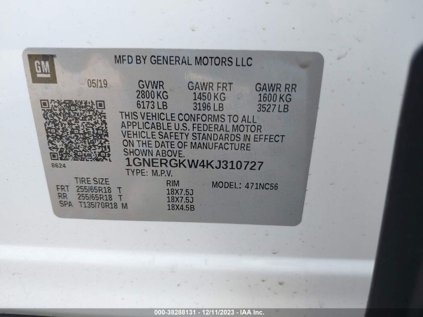 2019 CHEVROLET TRAVERSE 1LT - 1GNERGKW4KJ310727