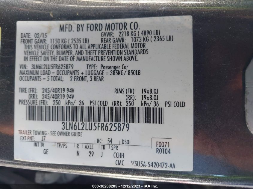 2015 LINCOLN MKZ HYBRID 3LN6L2LU5FR625879