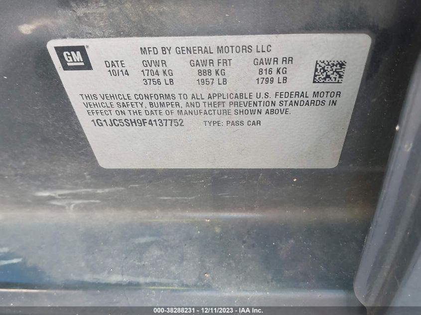 2015 CHEVROLET SONIC LT AUTO - 1G1JC5SH9F4137752