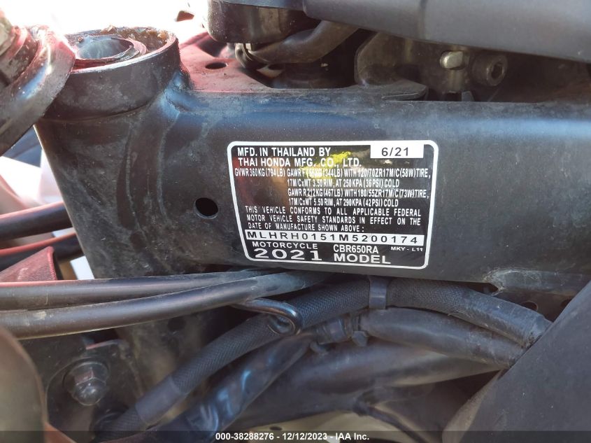 2021 HONDA CBR650 RA MLHRH0151M5200174