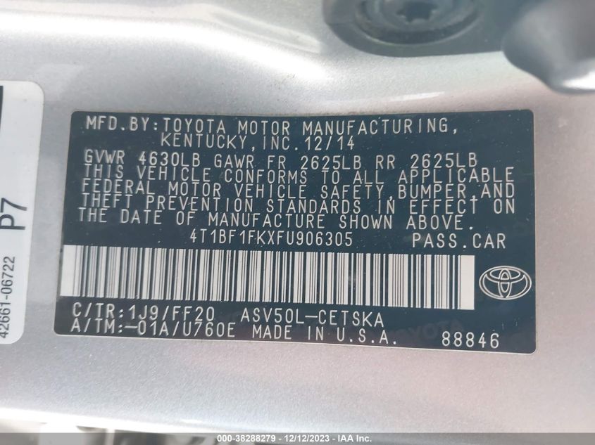 2015 TOYOTA CAMRY SE - 4T1BF1FKXFU906305
