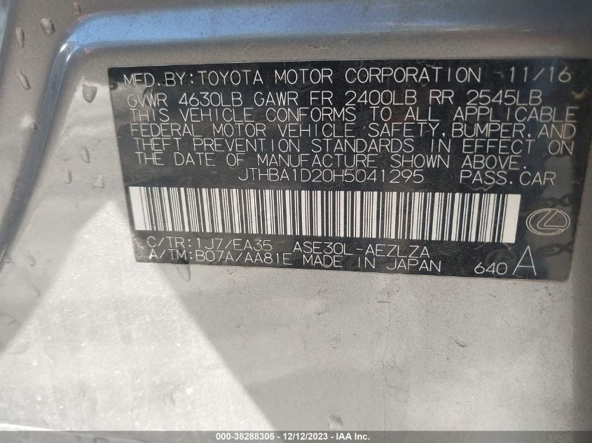 2017 LEXUS IS 200T - JTHBA1D20H5041295