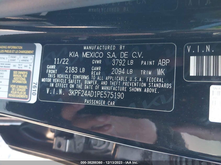 VIN 3KPF24AD1PE575190 2023 KIA FORTE LX/LXS