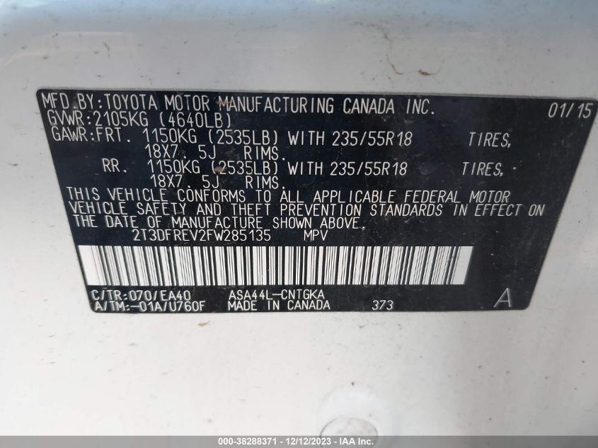 2015 TOYOTA RAV4 LIMITED - 2T3DFREV2FW285135