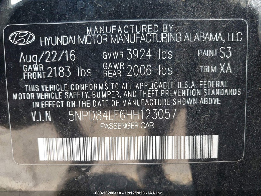 VIN 5NPD84LF6HH123057 2017 HYUNDAI ELANTRA SE/VALUE/LIMITED