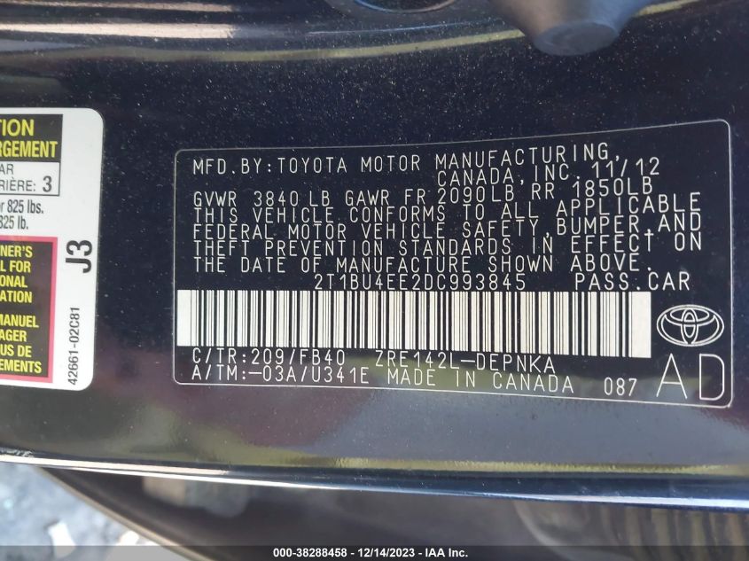 2013 TOYOTA COROLLA S/LE - 2T1BU4EE2DC993845