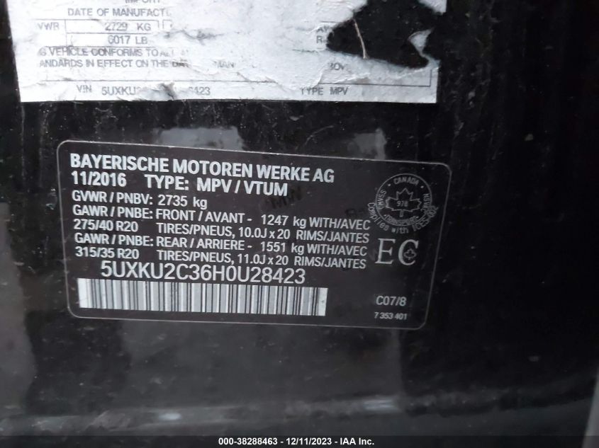 VIN 5UXKU2C36H0U28423 2017 BMW X6 XDRIVE35I
