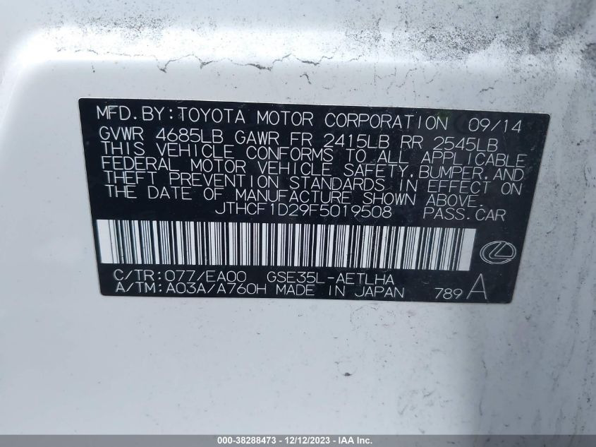 2015 LEXUS IS 250 - JTHCF1D29F5019508