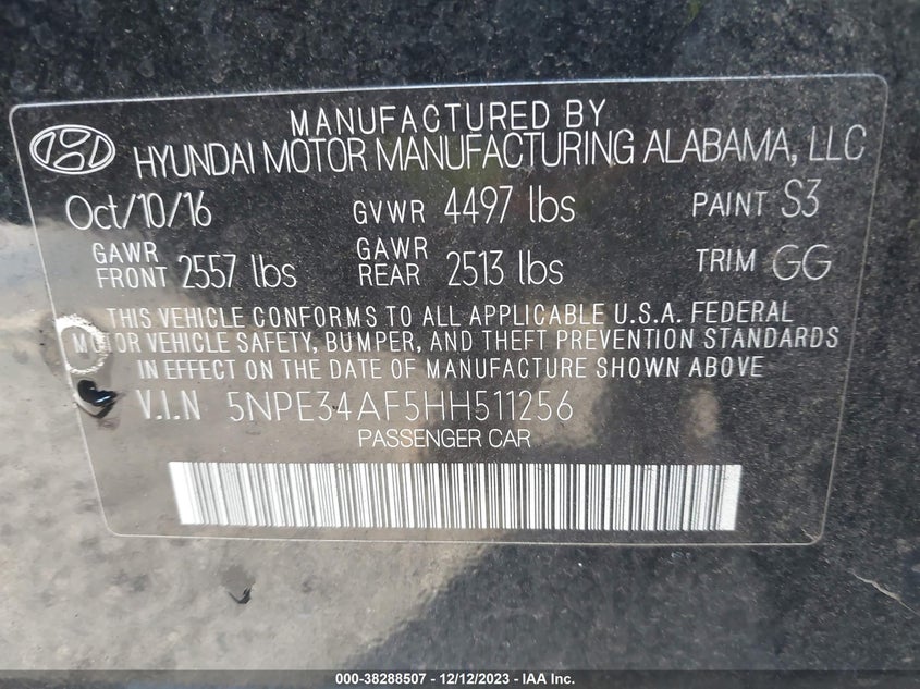 VIN 5NPE34AF5HH511256 2017 HYUNDAI SONATA SPORT/LIMITED