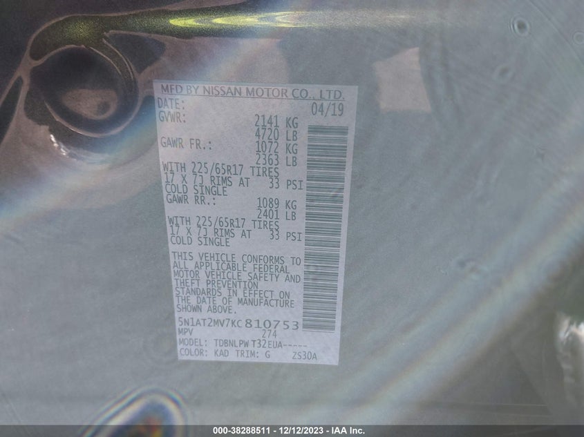 VIN 5N1AT2MV7KC810753 2019 NISSAN ROGUE S/SL/SV