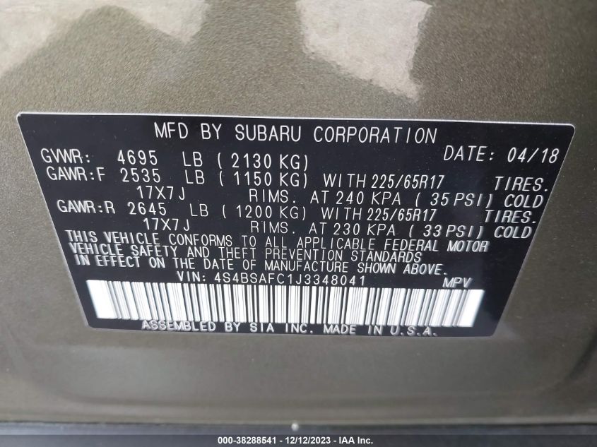 VIN 4S4BSAFC1J3348041 2018 SUBARU OUTBACK 2.5I PREMIUM