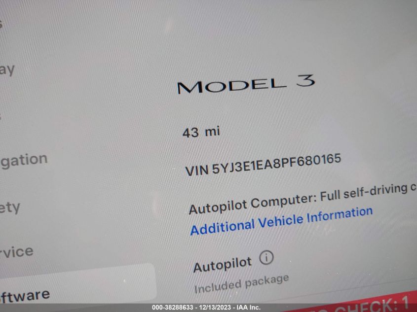 2023 TESLA MODEL 3 - 5YJ3E1EA8PF680165