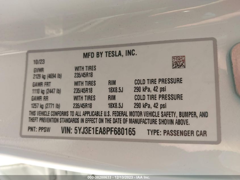 2023 TESLA MODEL 3 - 5YJ3E1EA8PF680165