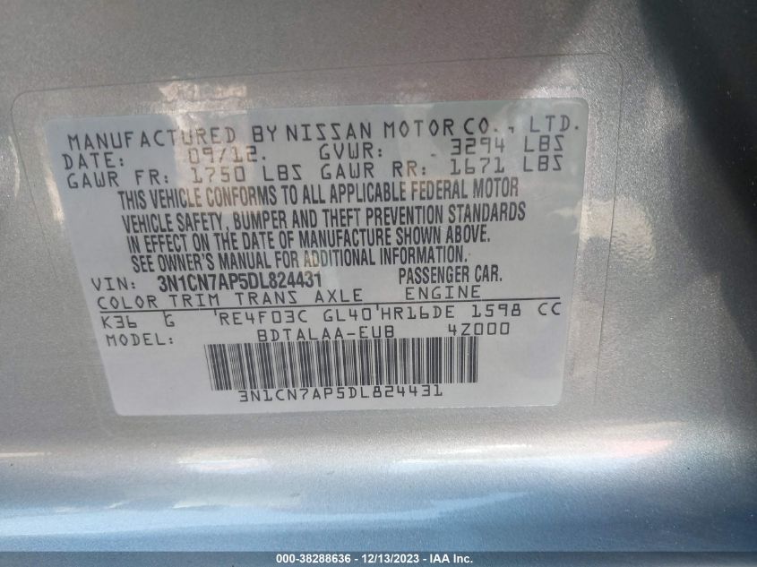 2013 NISSAN VERSA S/S PLUS/SV/SL - 3N1CN7AP5DL824431