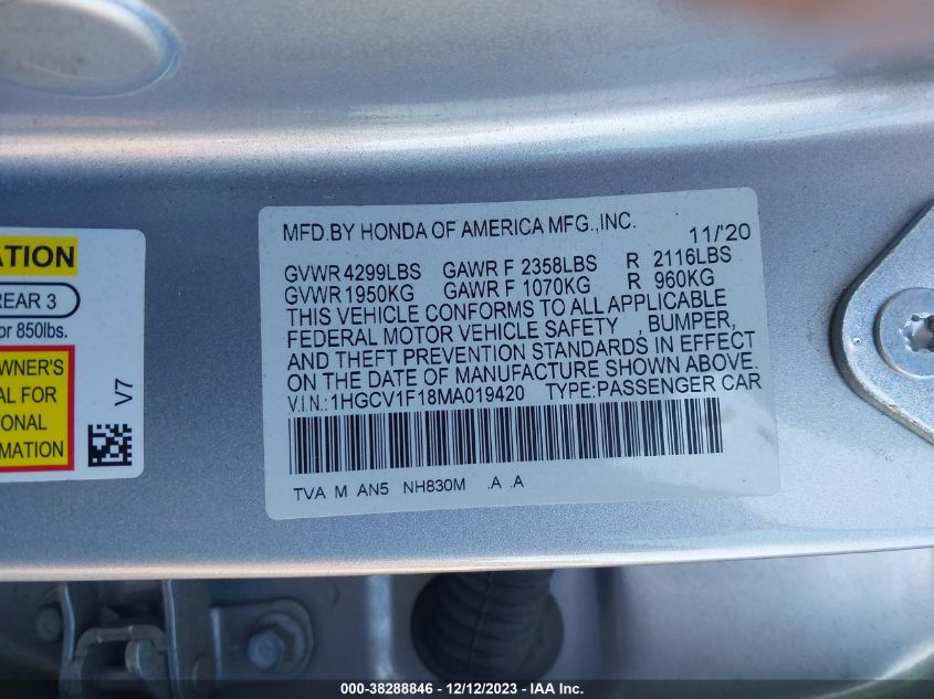 1HGCV1F18MA019420 | 2021 HONDA ACCORD