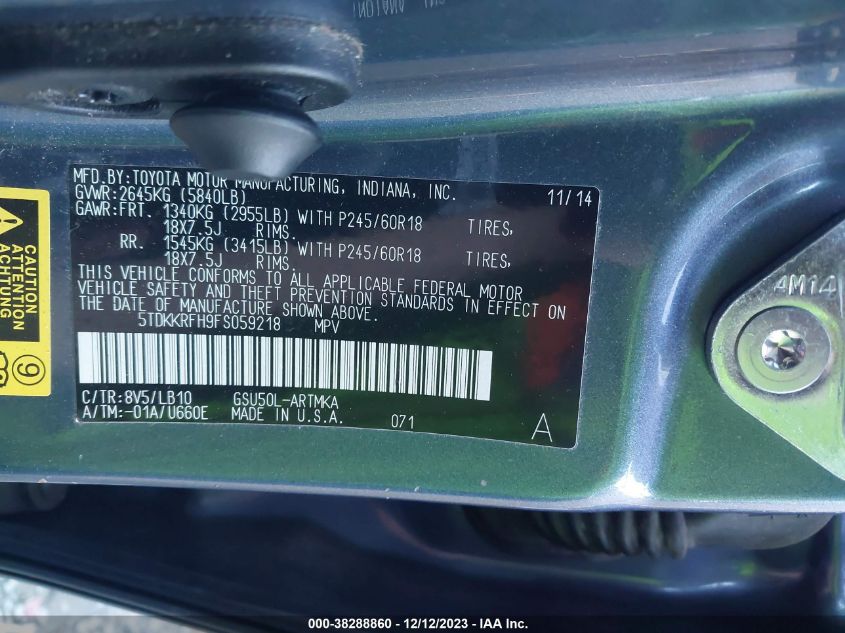 2015 TOYOTA HIGHLANDER XLE V6 - 5TDKKRFH9FS059218