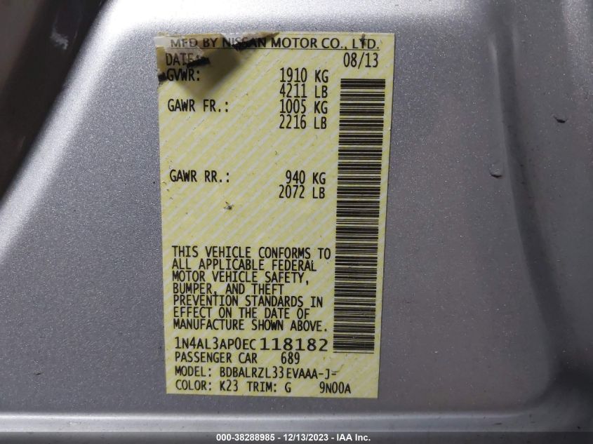 2014 NISSAN ALTIMA 2.5 S - 1N4AL3AP0EC118182
