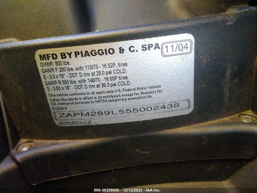 2005 PIAGGIO BV 200 ZAPM289L555002438