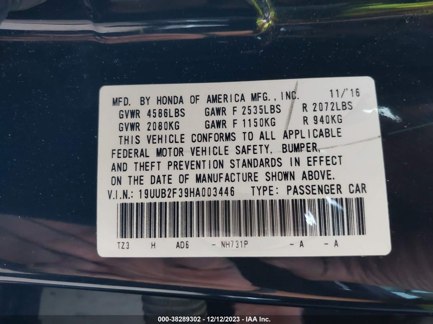 VIN 19UUB2F39HA003446 2017 ACURA TLX