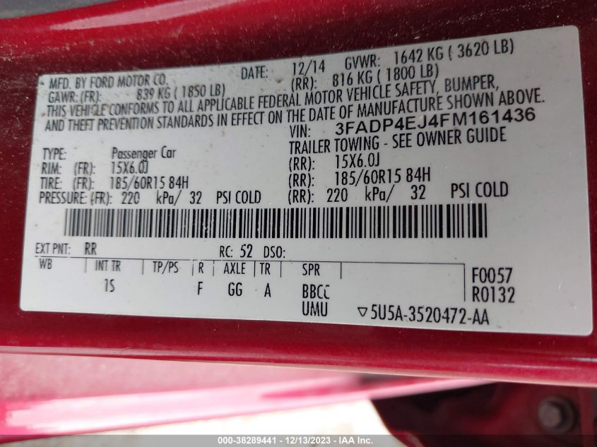 2015 FORD FIESTA SE - 3FADP4EJ4FM161436
