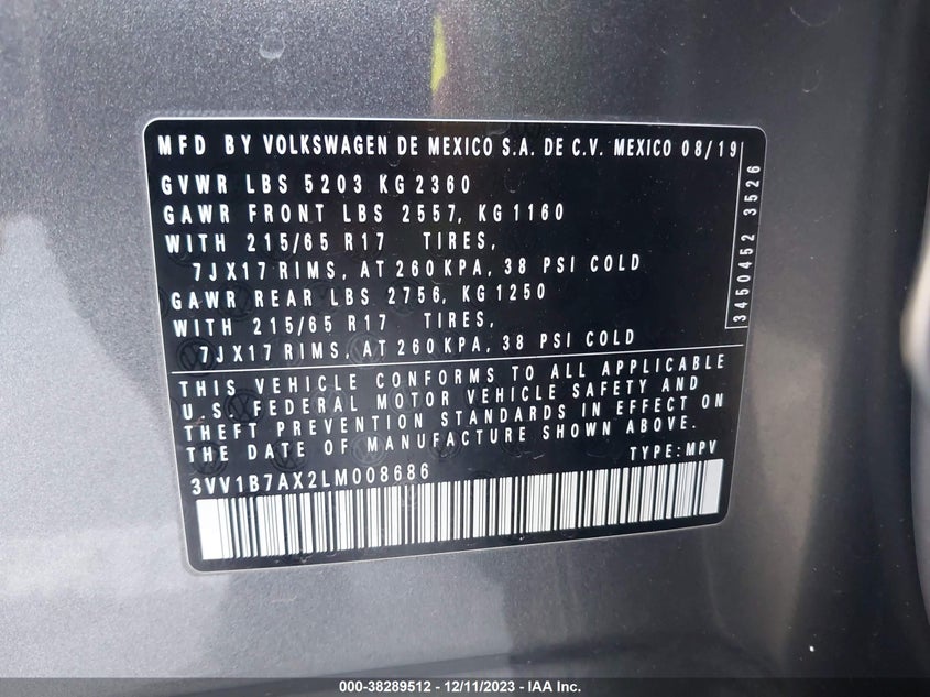 VIN 3VV1B7AX2LM008686 2020 VOLKSWAGEN TIGUAN 2.0T S