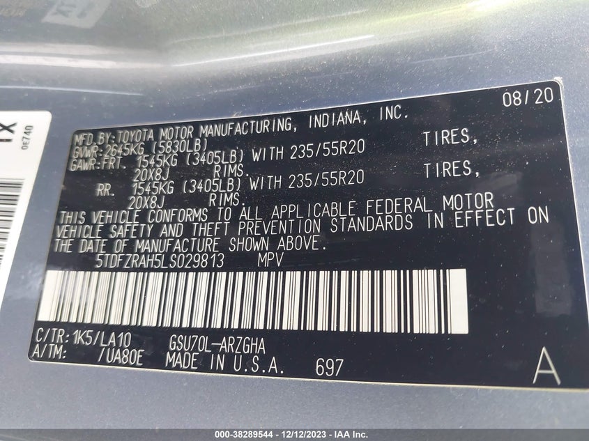 VIN 5TDFZRAH5LS029813 2020 TOYOTA HIGHLANDER PLATINUM