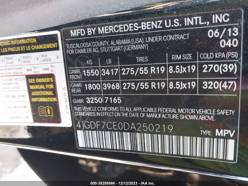 2013 MERCEDES-BENZ GL 450 4MATIC 4JGDF7CE0DA250219