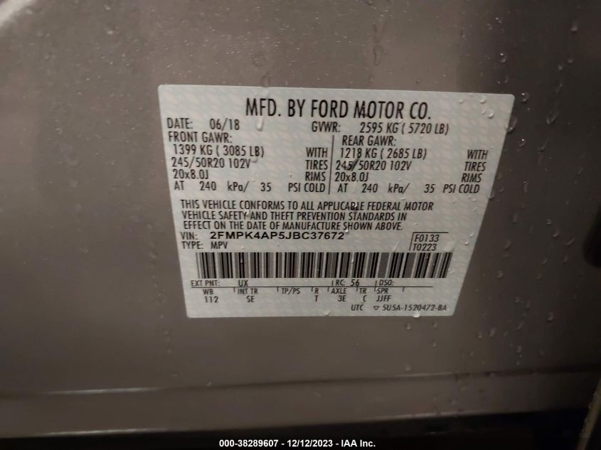 2FMPK4AP5JBC37672 2018 FORD EDGE, photo no. 9