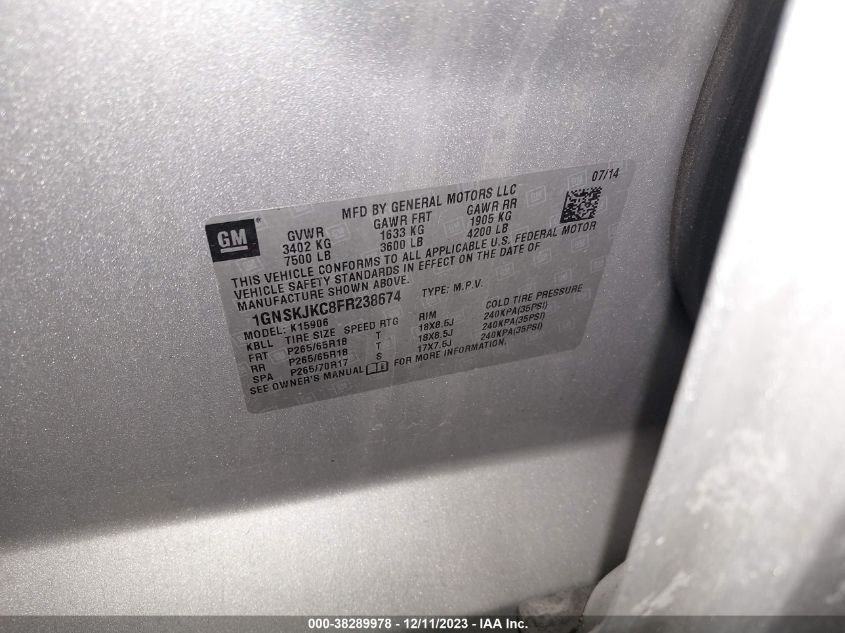 2015 CHEVROLET SUBURBAN 1500 LT - 1GNSKJKC8FR238674
