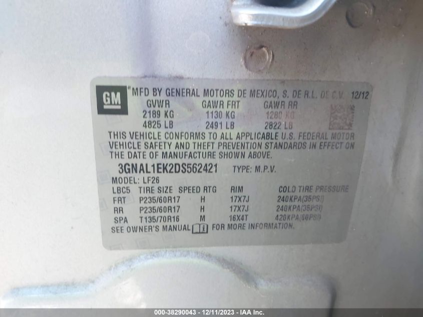 2013 CHEVROLET CAPTIVA SPORT 1LS 3GNAL1EK2DS562421