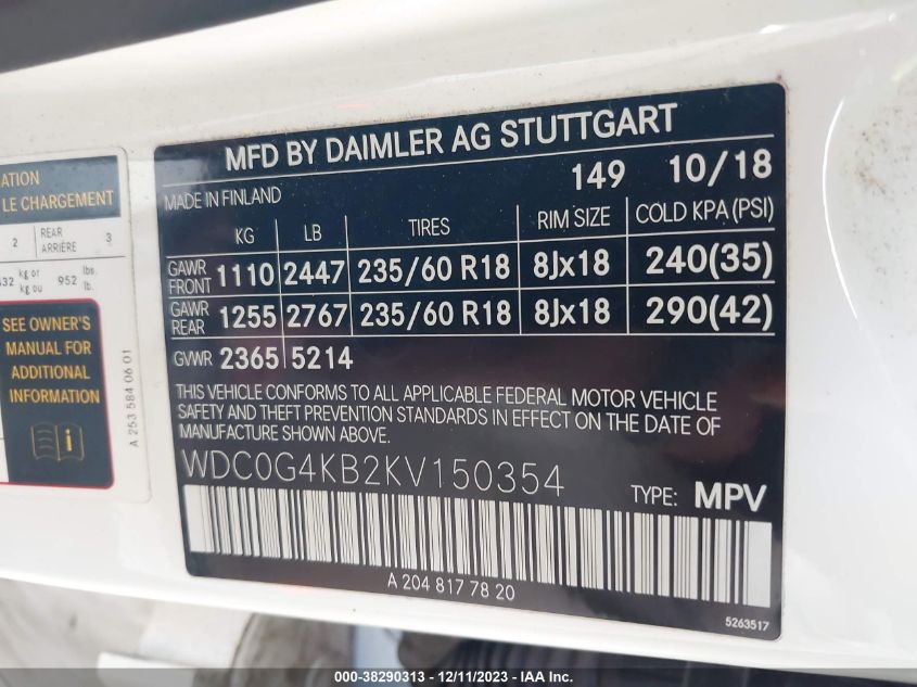 2019 MERCEDES-BENZ GLC 300 4MATIC WDC0G4KB2KV150354