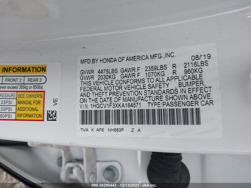 VIN 1HGCV1F3XKA164571 2019 HONDA ACCORD SPORT